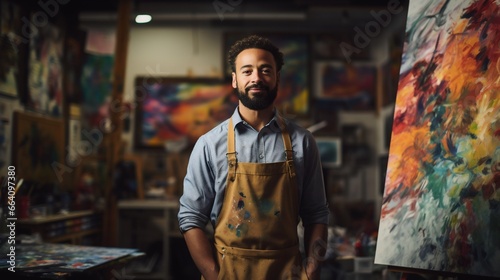 Smiling male artist in apron working in art studio