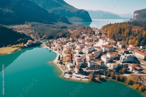 Aerial view of Giannena city and Pamvotida lake in Epirus, Greece. Generative AI photo
