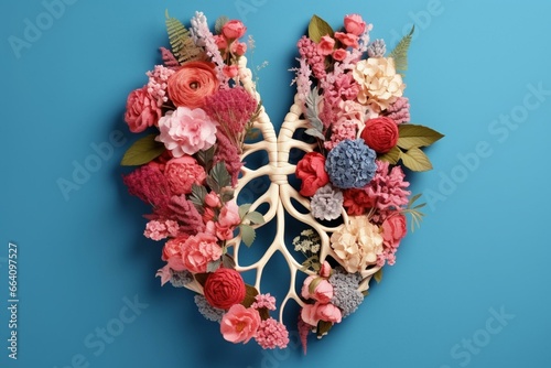 Floral lungs with blooming roses, peonies, chrysanthemum, eucalyptus. Bronchial tree on blue background. Generative AI photo
