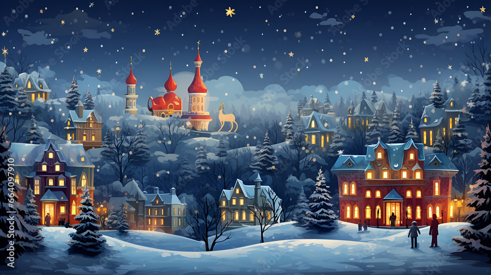 Fairytale greeting Christmas card, Happy New Year, banner