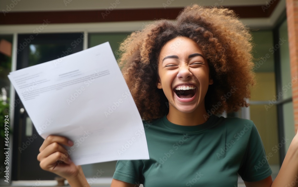 A happy teenager received an acceptance letter from a college - obrazy, fototapety, plakaty 
