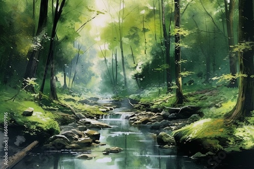Beautiful watercolor painting depicting a high-quality forest in stunning digital art form. Generative AI