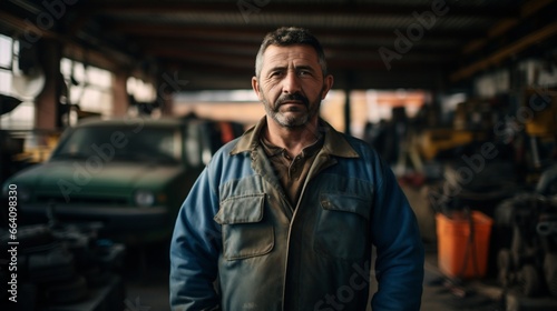 A Confident Auto Mechanic Looking at Camera a Car in Workshop
