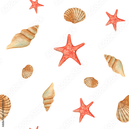 Watercolor under the sea hand drawn seamless pattern with red starfish and seashells. For fabric, textiles, baby clothes, wallpaper, marine beach design.