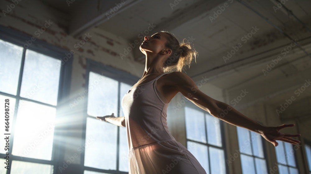 Ballerina in doing stretching in a ballet studio. AI generated image