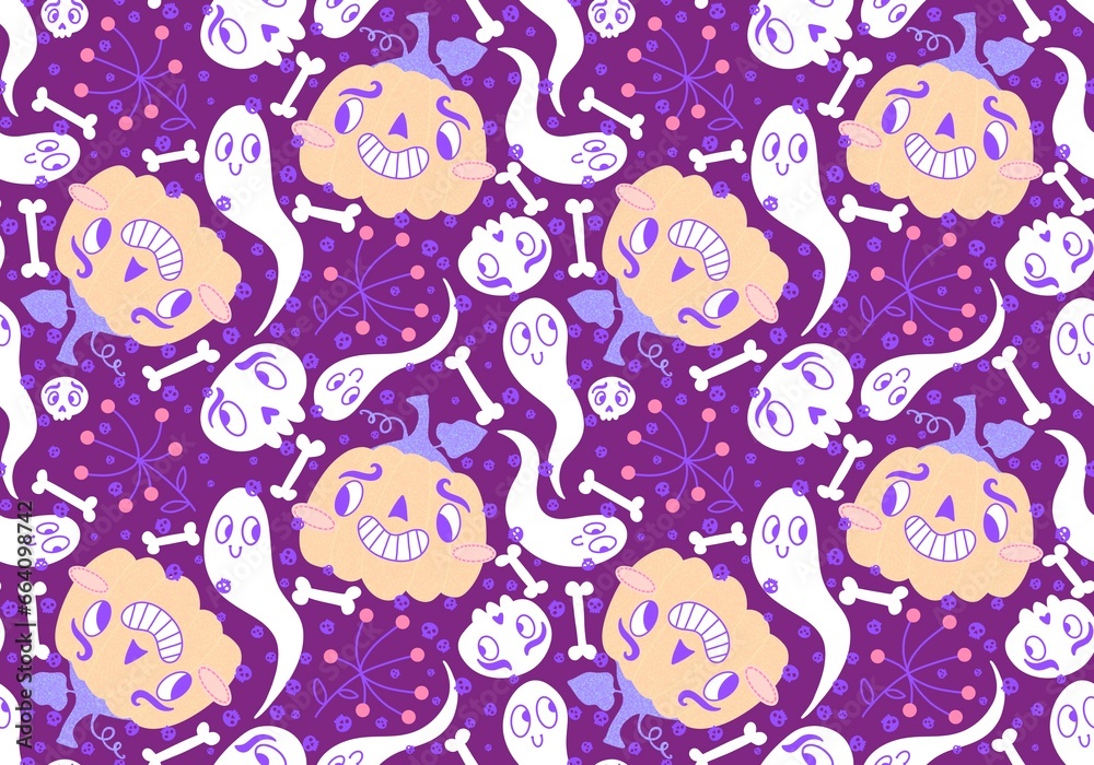 Halloween cartoon pumpkins seamless ghost and skulls pattern for wrapping paper and fabrics and kids clothes print