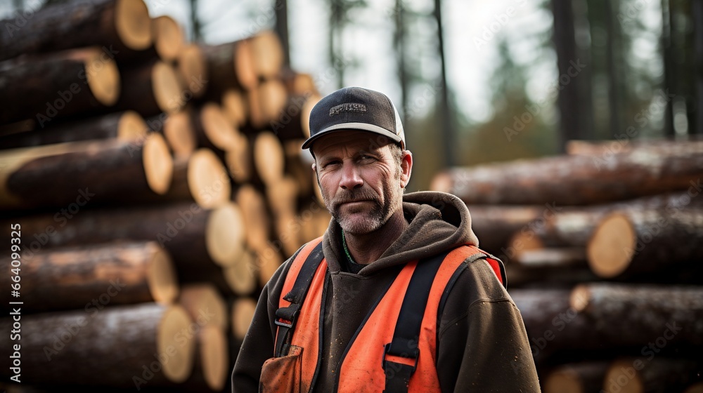 Smiling Lumberjack in Workwear with Woodpile in Lumberyard