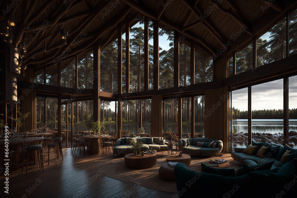 Hotel interior with lake view. Created using generative AI tools Hotel interior with lake view. Created using generative AI tools