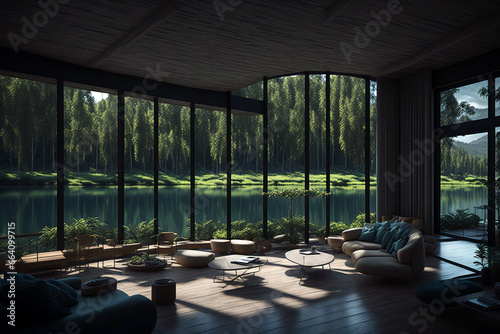 Hotel interior with lake view. Created using generative AI tools © Minar Aslanova