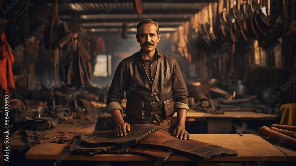 Obraz premium Craftsman at Work: Skilled Carpenter in Workshop