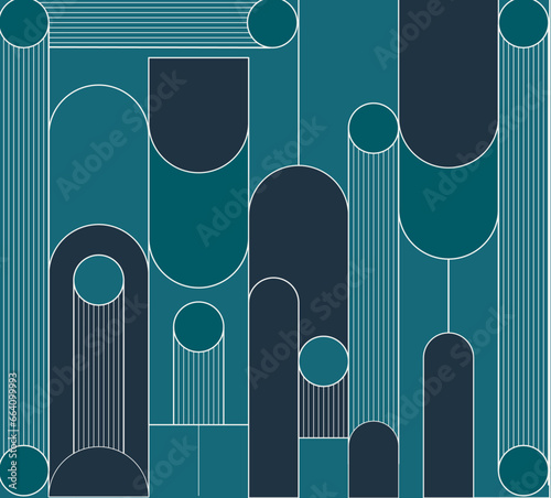 Art deco pattern with circle, arches and lines pattern for architecture and Interior designs template in green and teal colour.