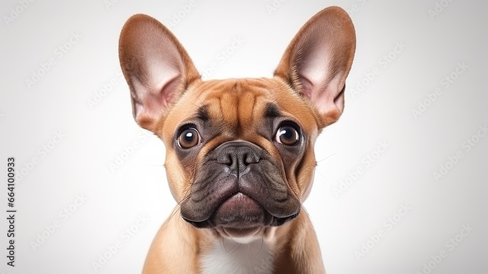 portrait of a cute ginger smiling french bulldog dog puppy on white background with copy space Ai