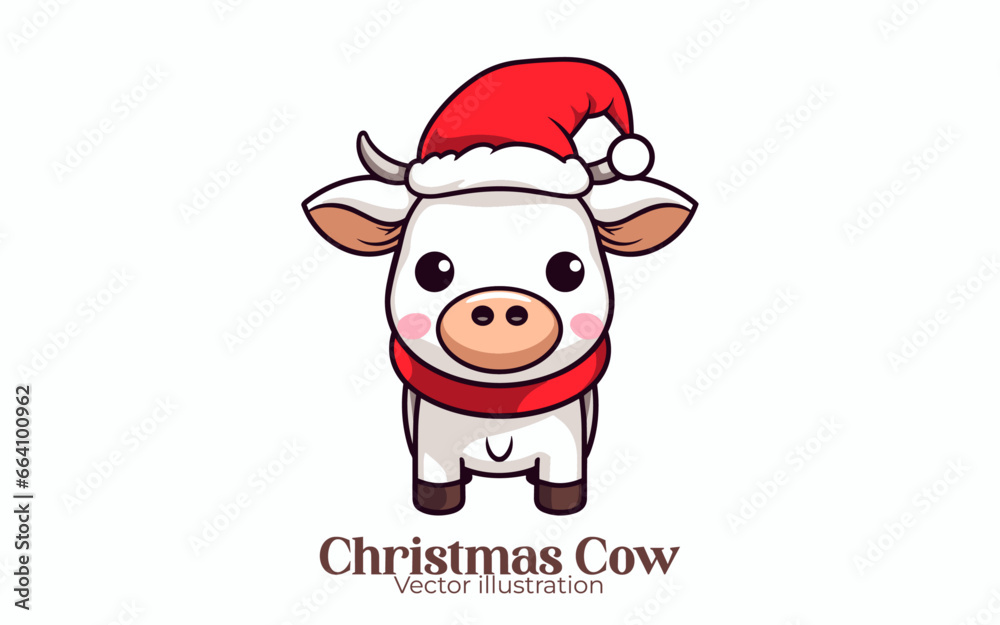 Happy winter holiday with Vector cute cow in Santa hat, Animal Christmas cartoon character Happy winter holiday with Vector cute cow in Santa hat, Animal Christmas cartoon character