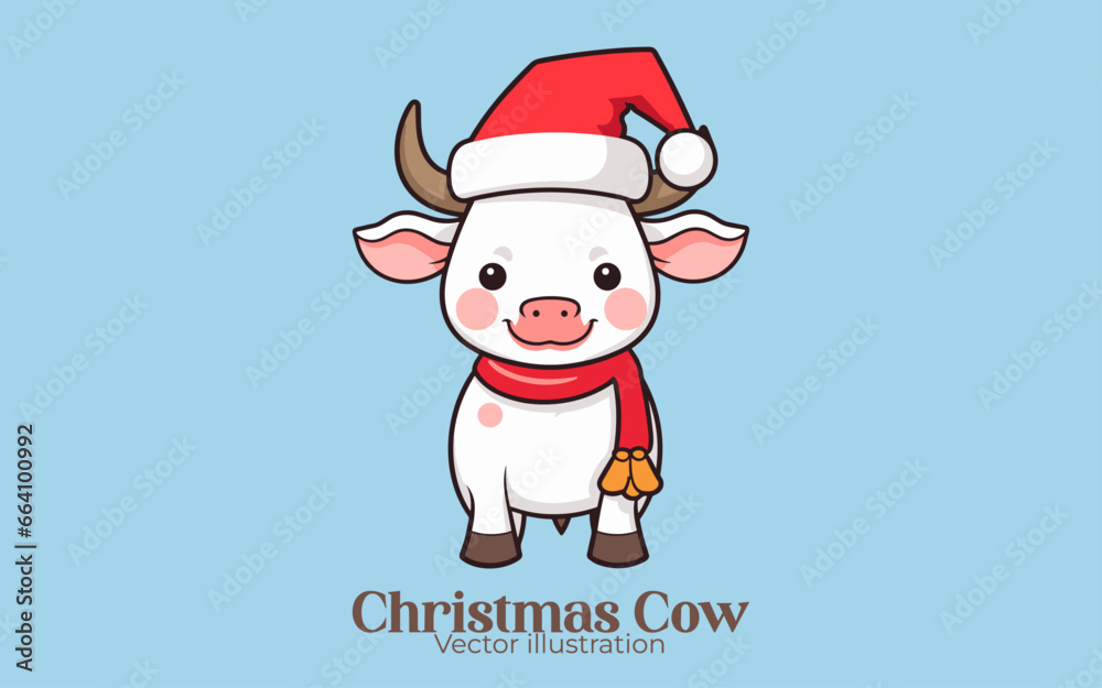 Vector cute cow wearing a Santa hat: Happy winter holiday, Animal Christmas cartoon character Vector cute cow wearing a Santa hat: Happy winter holiday, Animal Christmas cartoon character