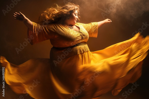 a woman in a colourful dress dancing on a dark background photo