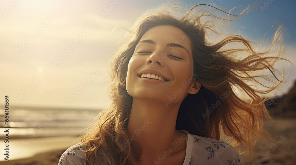 Portrait Beauty woman Smiling at beach sunset. AI generated image