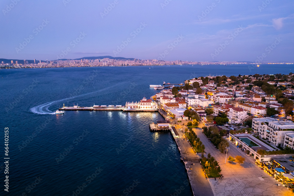 Aerial view of Buyukada (Princes Islands) in Istanbul at sunset. Istanbul, Turkey. Buyukada is the largest of the Princes Islands. Drone shot..