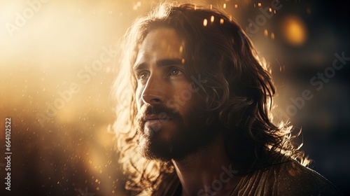 Portrait of a handsome Jesus Christ with lots of bokeh.