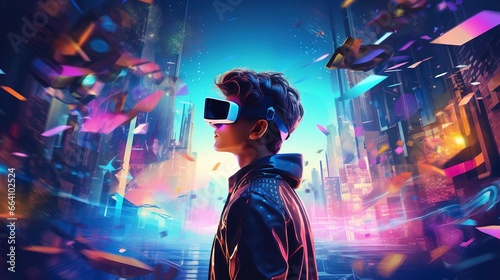 Metaverse Technology concepts. Teenager play VR virtual reality goggle and experiences of metaverse virtual. Generation AI