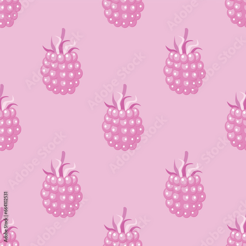 Pink raspberry seamless pattern on colorful background. Vector illustration.