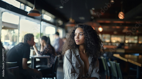  a woman with curly hair, sitting in a restaurant. She appears to be looking down, possibly deep in thought or contemplating something.