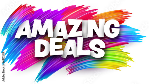 Amazing deals paper word sign with colorful spectrum paint brush strokes over white.