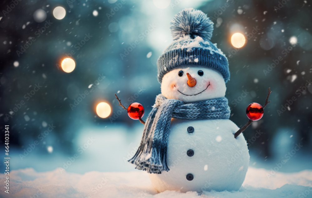 Cute fashionable snowman on winter background