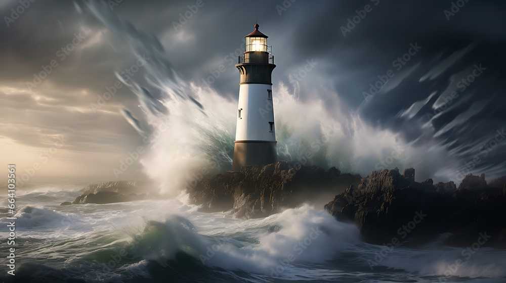 a coastal lighthouse standing tall against crashing ocean waves, with the beam of light piercing through the misty sea air, emphasizing the guiding presence of coastal beacons