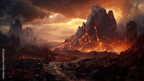 a volcanic landscape, with a rugged, otherworldly terrain, steam vents, and volcanic activity, highlighting the raw power and geological wonder of volcanic regions