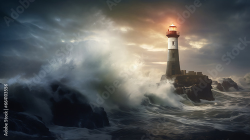 a coastal lighthouse standing tall against crashing ocean waves, with the beam of light piercing through the misty sea air, emphasizing the guiding presence of coastal beacons © Alin