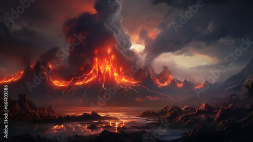 a volcanic landscape, with a rugged, otherworldly terrain, steam vents, and volcanic activity, highlighting the raw power and geological wonder of volcanic regions