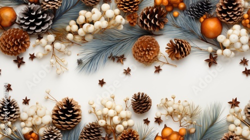 New Year seamless pattern with Christmas balls, white cones and brown cones. View of the Christmas decorations from above