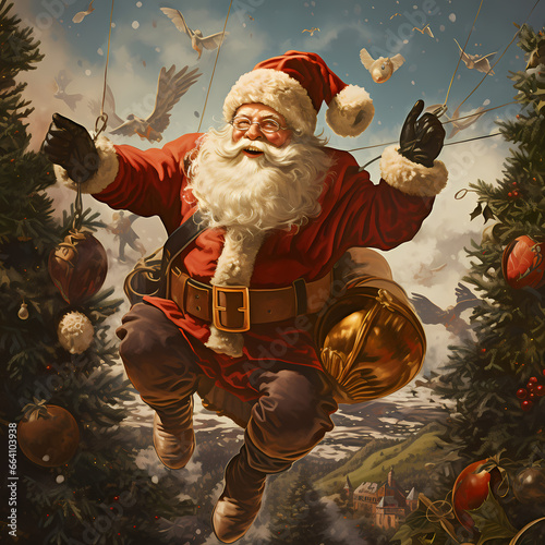 santa claus with gifts flying
