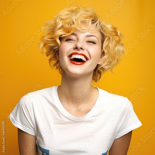 Beautifil colorful waist portrait of young happy woman with yellow hair and red lips isolated on yellow background. Banner with copyspace