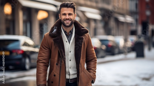 Portrait of a Happy Man in front of a Winter City Background in the Winter, Shopping Street