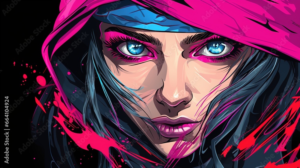 cyberpunk ninja girl with blue eyes dressed in a pink hood. Fantasy concept , Illustration painting. cyberpunk ninja girl with blue eyes dressed in a pink hood. Fantasy concept , Illustration painting.