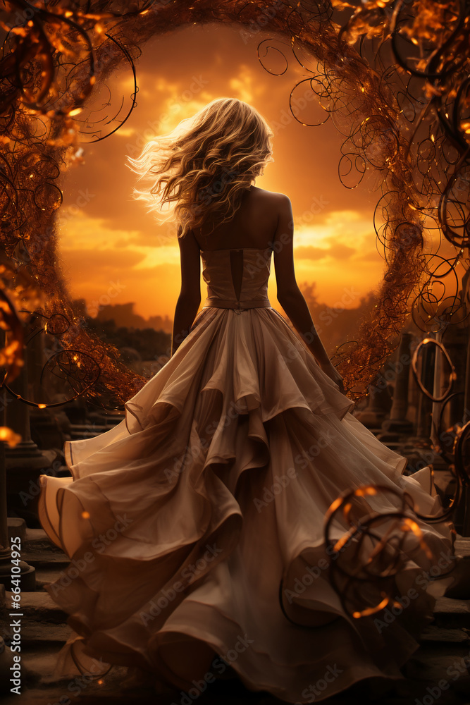 Full body view, beautiful dark blond woman, severals halo forms turning around her, magic swirls, walking in a large ally, in front of winery, beetween sunset and night. AI generative