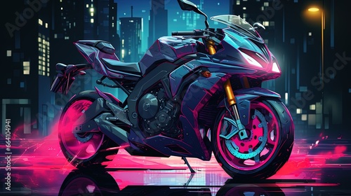cyberpunk motorcycle in neon style with night city in background. Fantasy concept   Illustration painting.