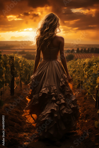 Full body view, beautiful dark blond woman, severals halo forms turning around her, magic swirls, walking in a large ally, in front of winery, beetween sunset and night. AI generative © SANGHYUN