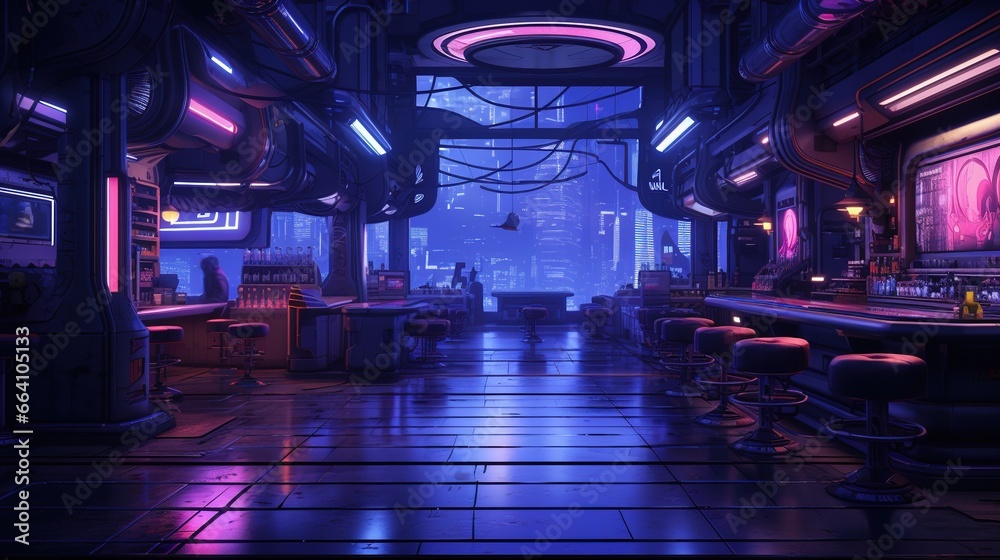 cyberpunk bar in neon style. Fantasy concept , Illustration painting. - obrazy, fototapety, plakaty 