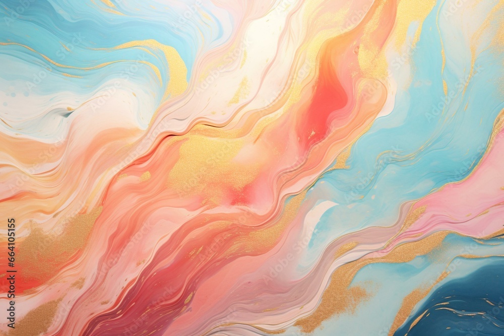 Colorful abstract swirl wave with a marble effect background, using practical paint and a touch of gold. Generative AI