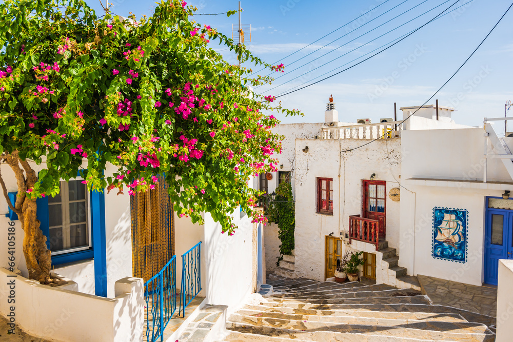 Typical narrow street with Greek architecture and houses decorated with flowers in Plaka village, Milos island, Cyclades, Greece - obrazy, fototapety, plakaty 