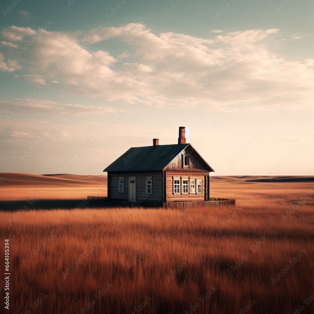 lonely wooden house in the steppe,autumn, yellow grass, sky with clouds, emptiness, silence and solitude all around, minimalism