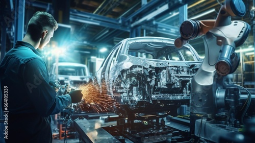 An engineer checks and controls welding robotics in an automotive industry AI generation