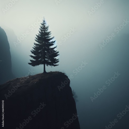 lonely spruce in the fog on the edge of a cliff, minimalist style