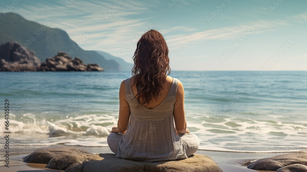 Beautiful Woman Sitting Coral reef at Beach looking sea Back View. AI generated image
