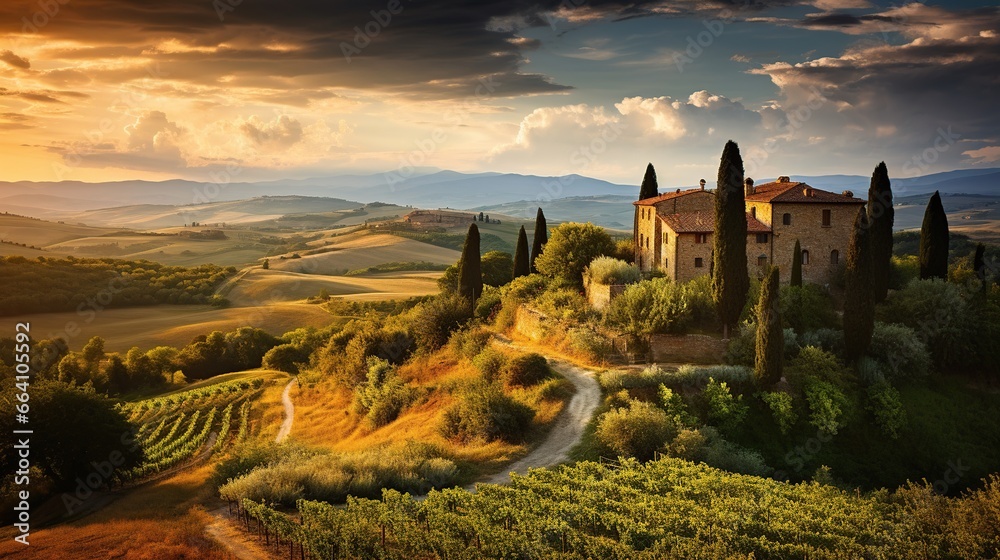 Fototapeta premium European Village landscape, from the coastal charm to scenic vineyards and historic villages, culminating in a serene sunset. Celebrate the timeless essence of European countryside.
