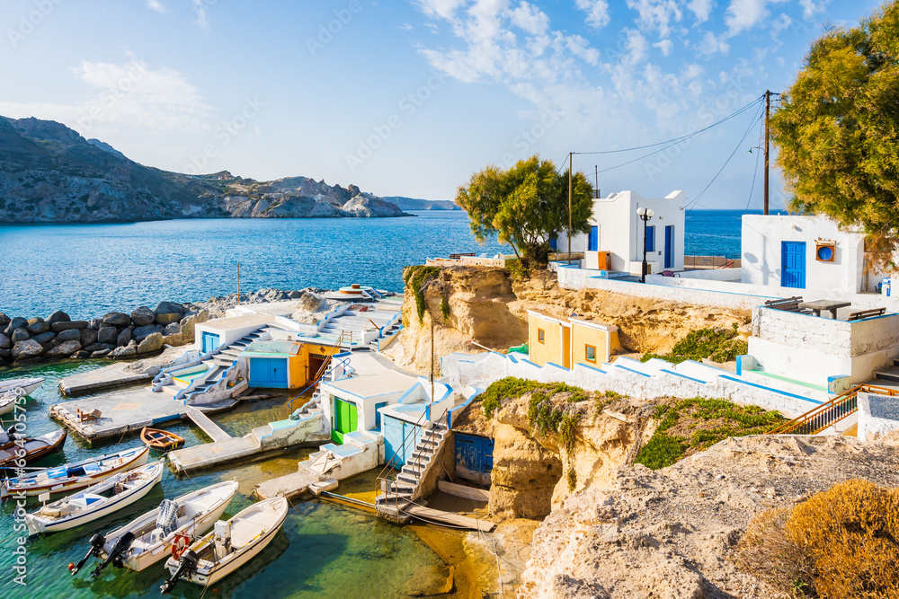 Fishing boats and colorful fishemen houses in Mandrakia port, Cyclades, Milos island, Greece - obrazy, fototapety, plakaty 