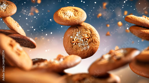 Close-up of Christmas Cookies Flying in the Air.