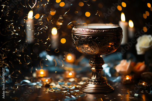 New year, fire work, confetti, silver chalice background, copy space, empty space. AI generative